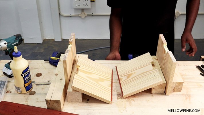 gluing the shelves to the column piece
