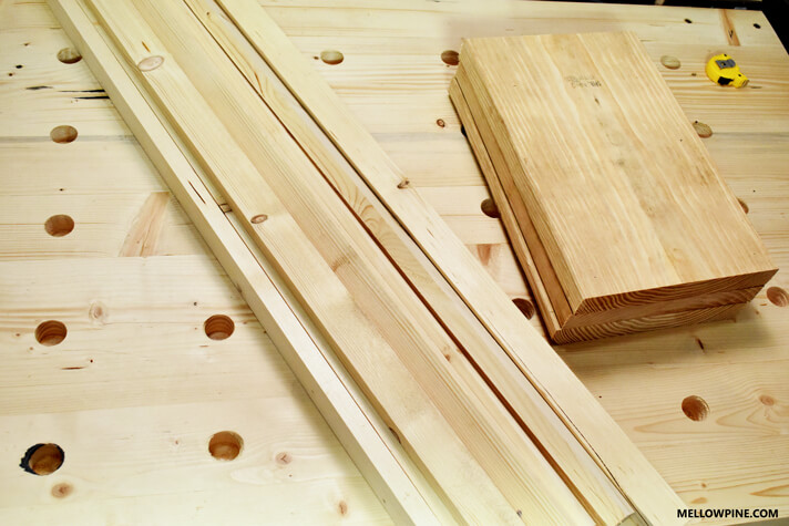 Slat pieces and the boards for the legs stacked up after sizing