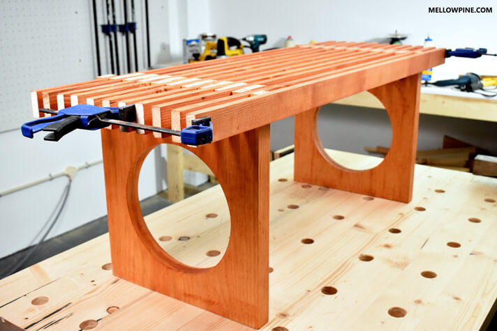 Dry fit check for the bench with slats pushed into the slots