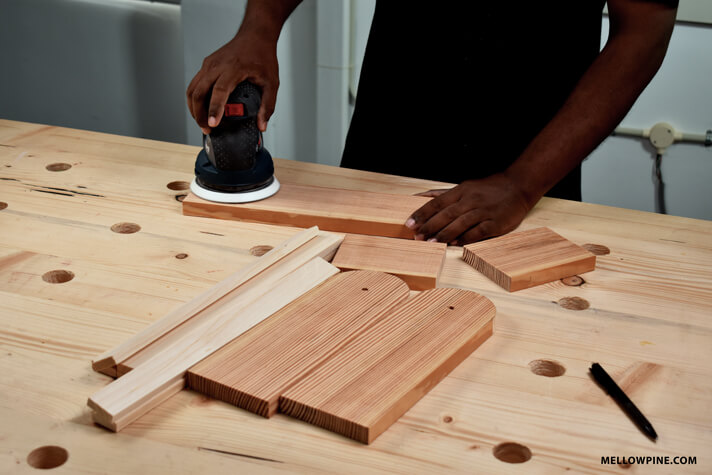 Sanding all the component pieces of the Wine Caddy