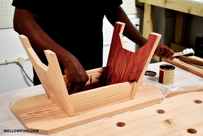 Applying Cabernet Gel Stain to the Stool