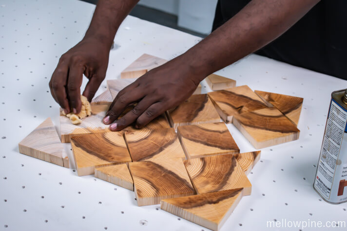Finishing the end grain pieces with teak oil