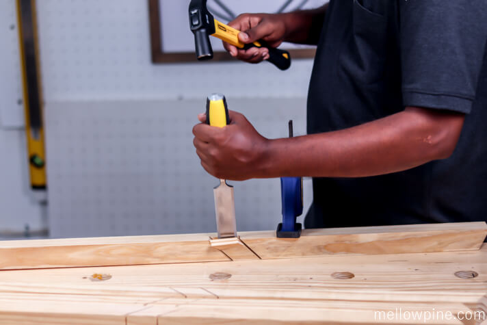 chiseling the half-lap slot on the leg dowels