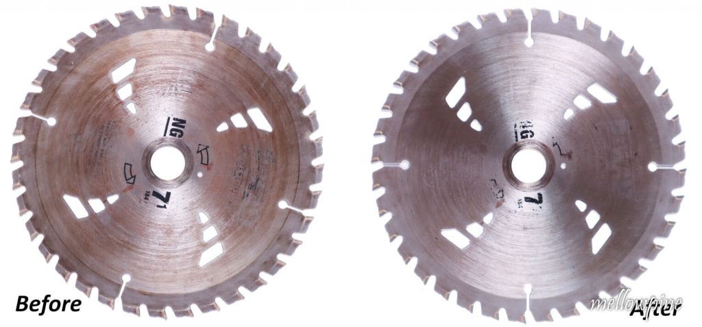 photos of the circular saw blade before and after cleaning it