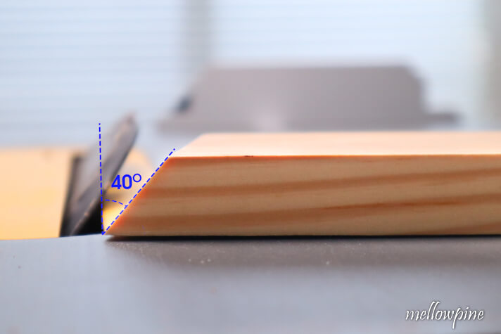 bevel cut of 40 degree angle completed using table saw