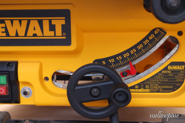 table saw blade angle set to 20 degrees
