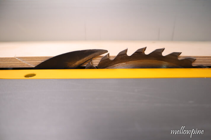 part of plywood piece aligned with the riving knife