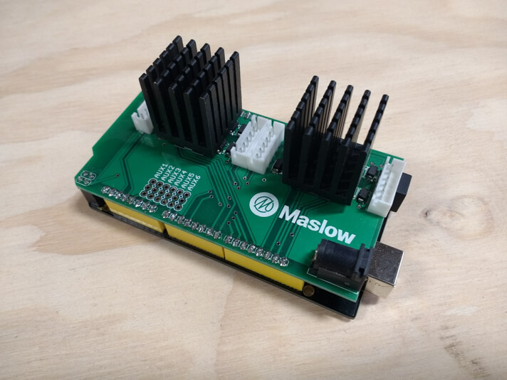 Maslow controller board with the shield attached to Arduino board