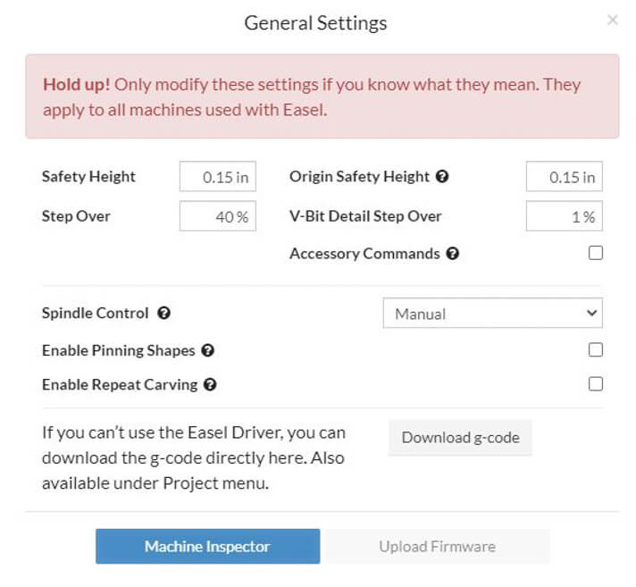 Pre set general settings on Easel