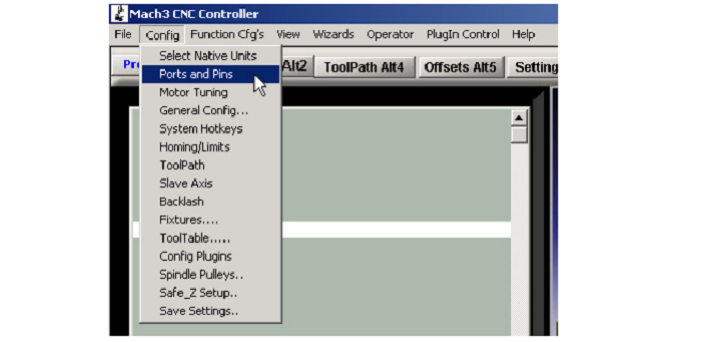 Selecting the Ports and Pins Dialog from the Config Menu