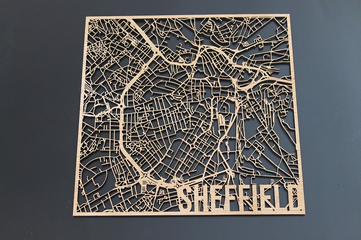 Sheffield solid wood laser-cut street map wooden map
