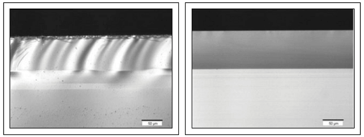 Microscopic view of mechanically cut (left) and laser-cut (right) glass samples