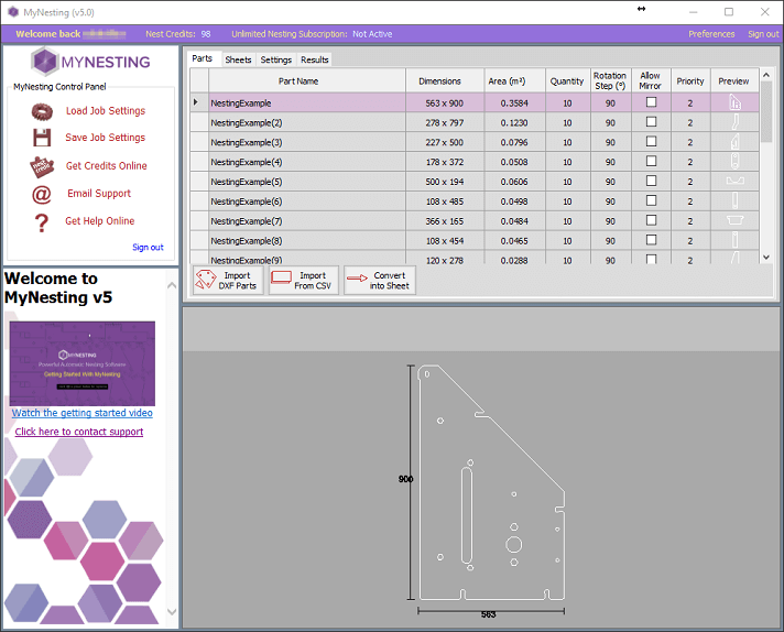 MyNesting software interface 