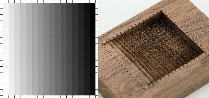 3D laser engraving test result - The grayscale image used for testing (left) and a block of tested walnut wood (right)