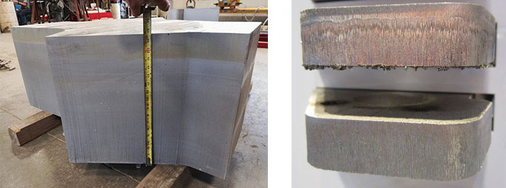 Thickness comparison - (left) 18" thick waterjet cut stainless steel, (right) 1.5" thick laser-cut stainless steel.