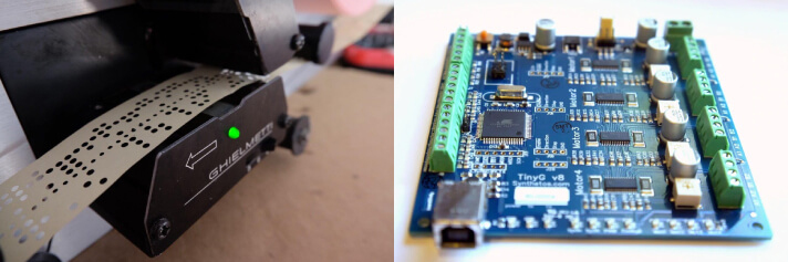(left) Punch tape used on a machine, (right) A microcontroller used on CNC machines