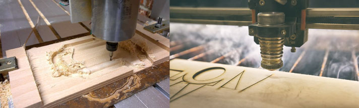 A CNC (left) and a laser cutter (right) working on wood