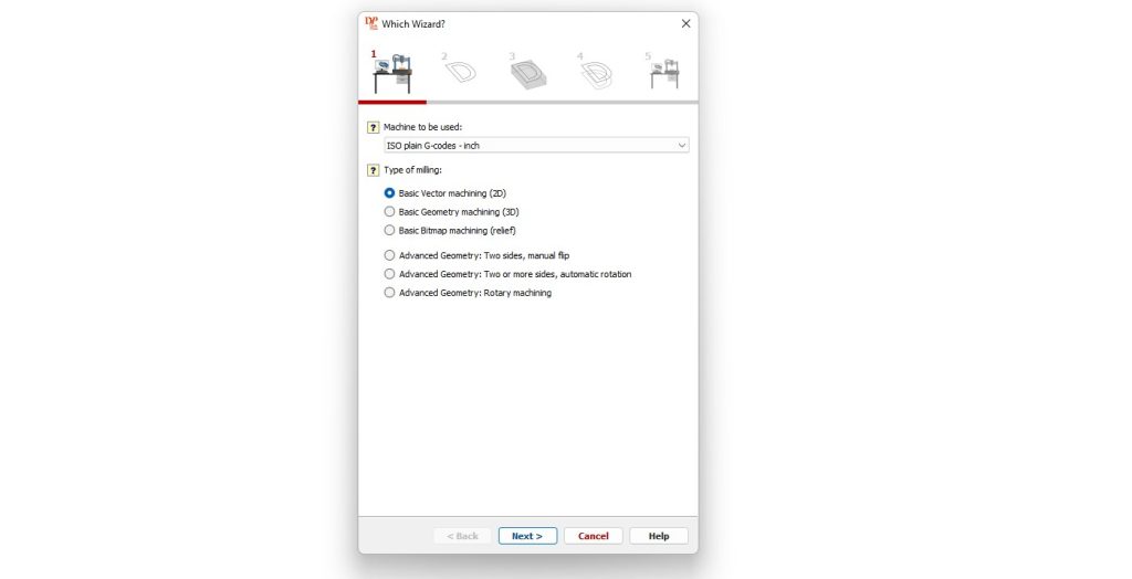Vector machining wizard screen 1