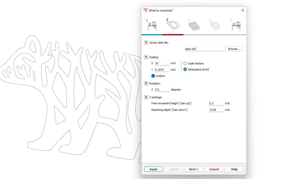 Vector machining wizard screen 2