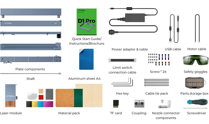 parts and accessories that come with xTool D1 Pro