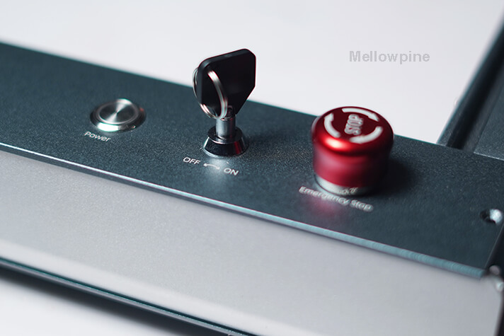 Power, safety key, and E-stop switch on Ortur Laser Master 3