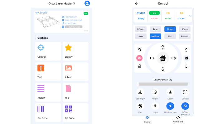 The interface of the mobile app used to control Ortur Laser Master 3