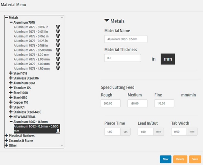 Material type and thickness window in WAM software