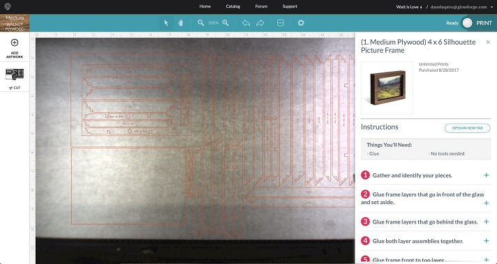 Using pre-set designs in Glowforge Software to laser cut parts for making a photo frame