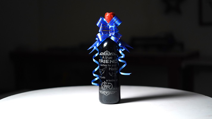 Laser engraved wine bottle