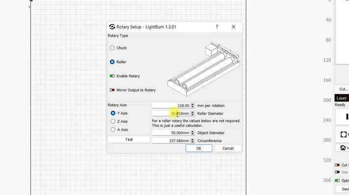 Setting up the rotary configuration on LightBurn software