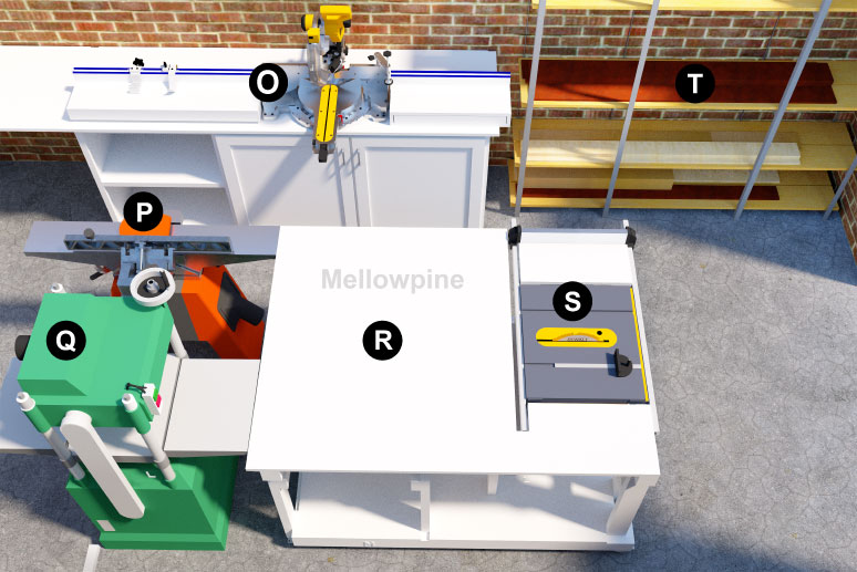 Wood storage, miter saw, table saw, planar, and jointer setup