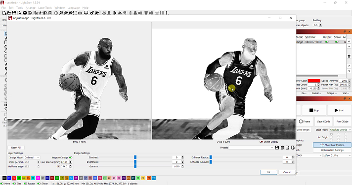 Adjusting the image settings on LightBurn
