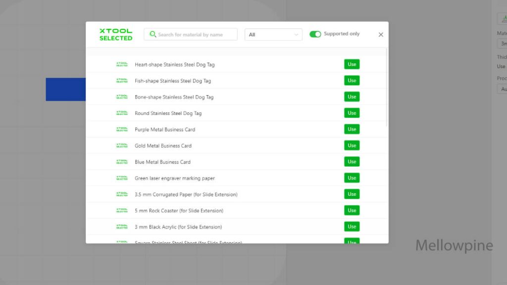 Choosing material on XCS software