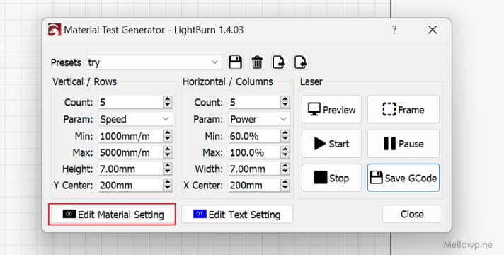 Edit materials settings button in LightBurn's material test generator