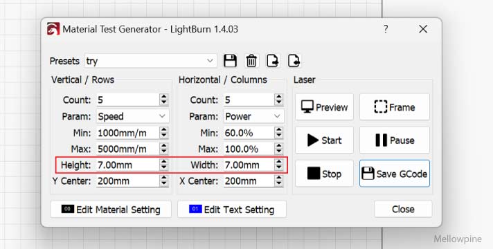 Height and width setting in LightBurn's material test generator