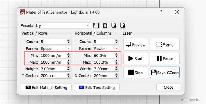 Minimum and maximum range in LightBurn's material test generator