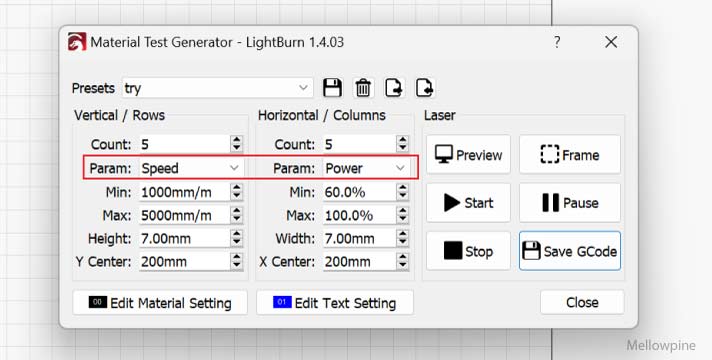 Parameter setting in LightBurn's material test generator