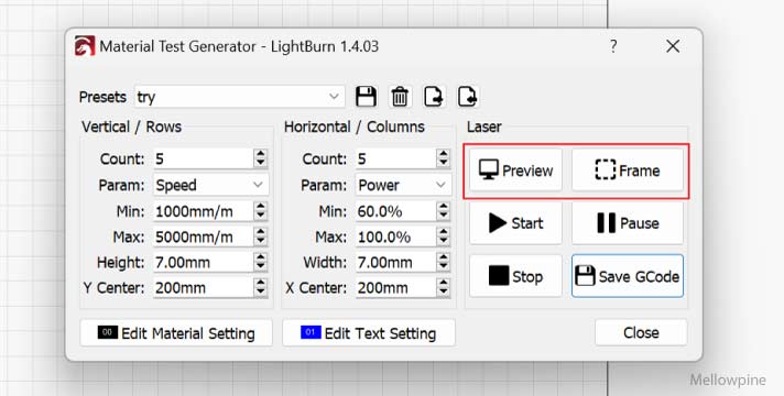 Preview and frame option in LightBurn's material test generator