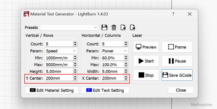 X and Y center settings in LightBurn's material test generator