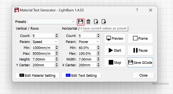 "Save" button in LightBurn's material test generator