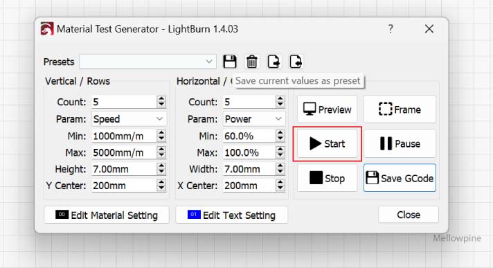 Start button in LightBurn's material test generator