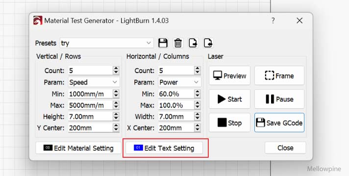 edit text settings button in LightBurn's material test generator