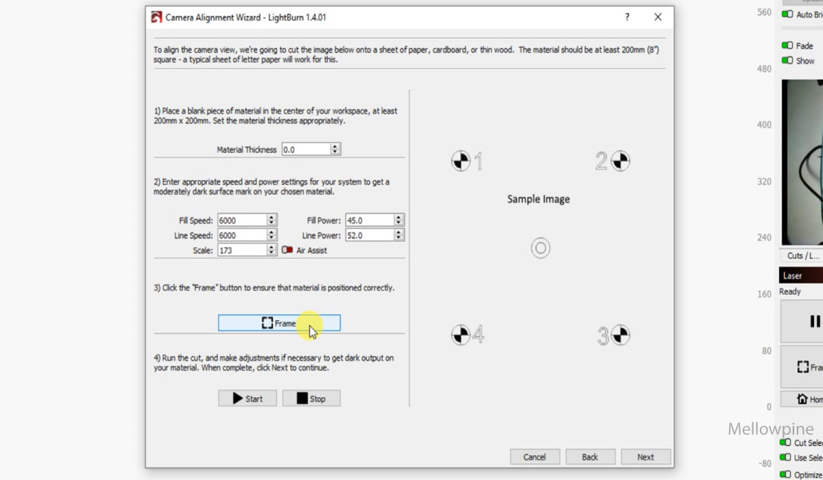 Camer alignment wizard on LightBurn