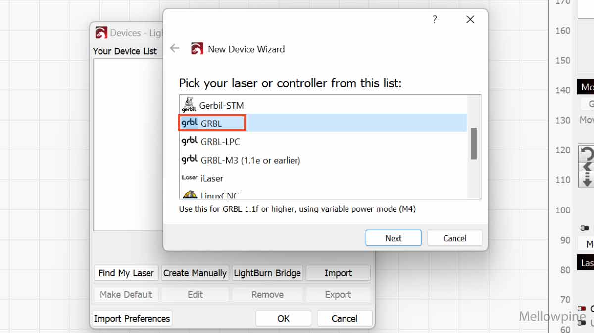 Choosing device controller in LightBurn