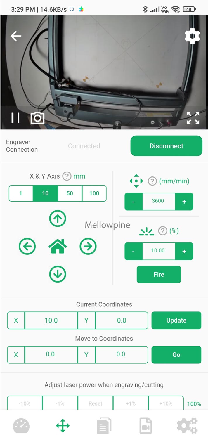 Controlling the laser machine through the app