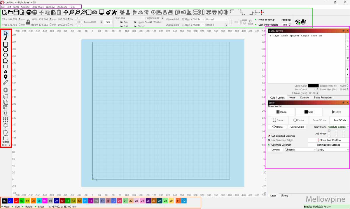 Different sections in LightBurn's user interface