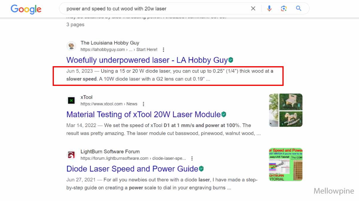 Finding laser settings through a simple web search