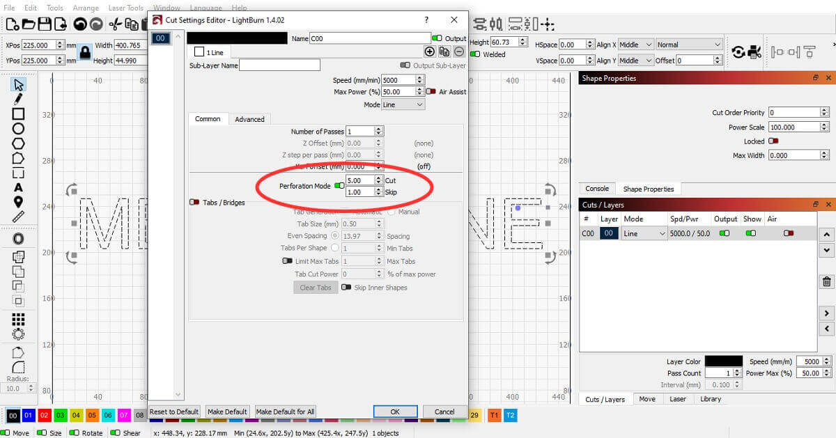 Perforation mode in Lightburn
