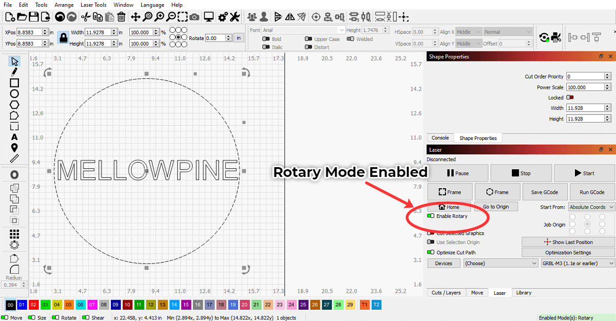 Rotary mode enabled in Lightburn