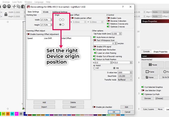 Navigating to the device settings to set the right device origin